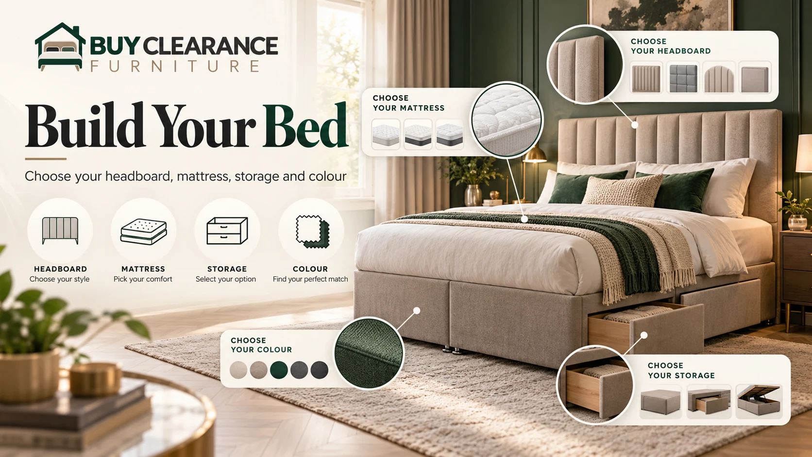Choose mattress, headboard, colour and storage options